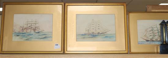 E Horwood, three watercolours of clipper scenes, c.1930 Largest 24 x 34cm.